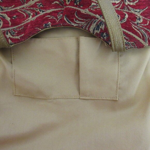 Womens Red Corduroy Tote Shoulder Bag Floral Gold Piping & Handles Flat Bottom - Picture 7 of 9